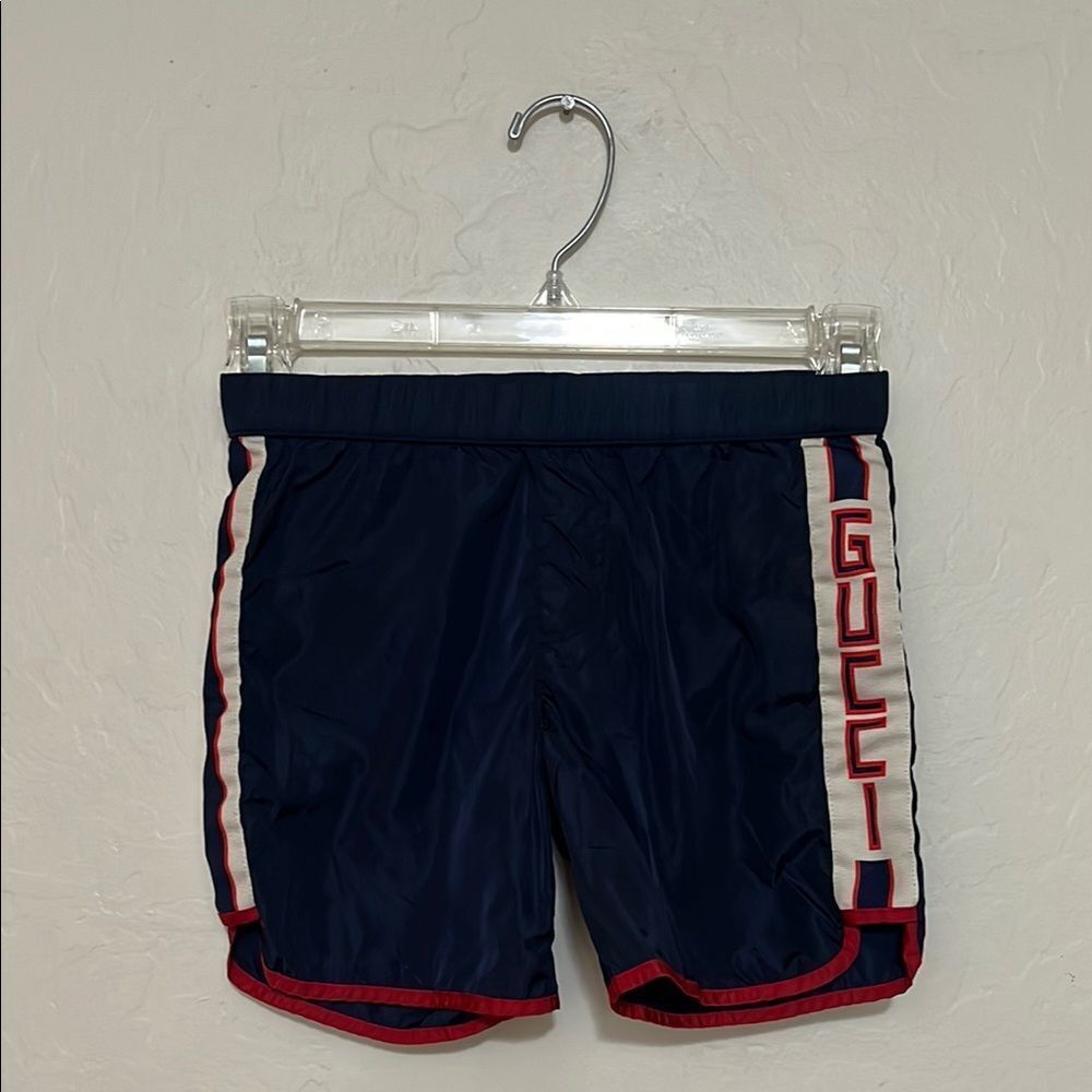 Gucci Blue Logo Pull-On Swim Trunks Shorts Luxury Modern Vacation Pool Beach